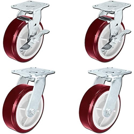 Casterhq 6" Hvy Dty Polyurethane Wheel Swivel Casters W/ Top Locking Brake, PK4 HD-6X2-AS2LB-MGP